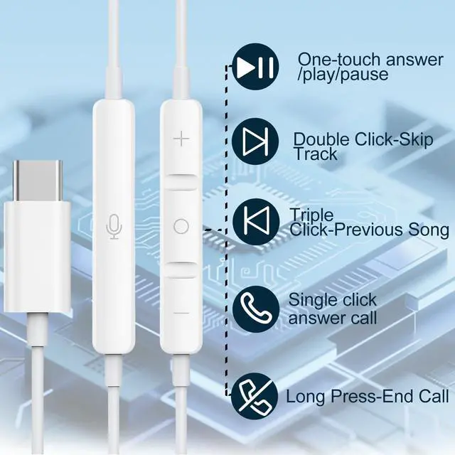 Alt view image 2 of 7 - 2 Packs USB C Headphones for iPhone 17/16/15 Earbuds, Type C Earphones with Mic & Remote Control Noise Cancelling for iPhone 17 16 15 Pro Max Plus, iPad Pro, Galaxy S25/S24/Ultra Note 10/20 and More