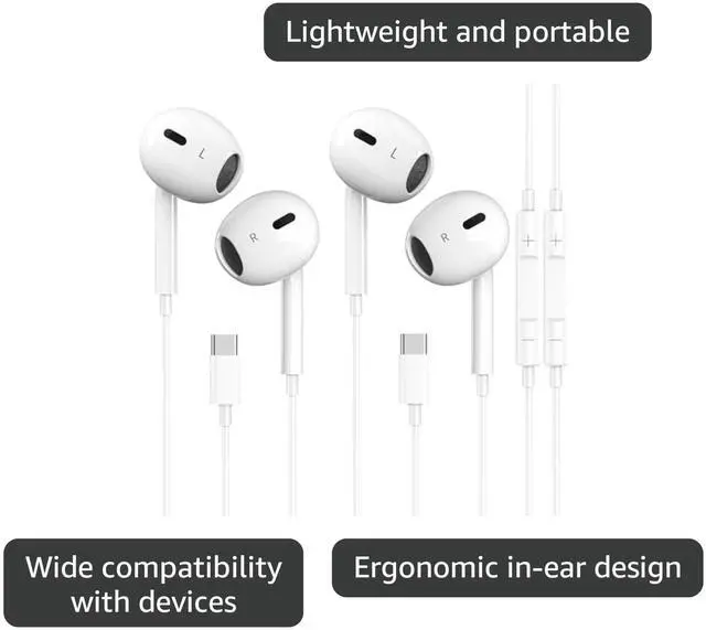 Alt view image 4 of 7 - 2 Packs USB C Headphones for iPhone 17/16/15 Earbuds, Type C Earphones with Mic & Remote Control Noise Cancelling for iPhone 17 16 15 Pro Max Plus, iPad Pro, Galaxy S25/S24/Ultra Note 10/20 and More