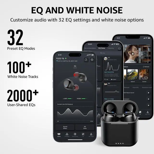 Alt view image 6 of 7 - JAYSUING T6 Wireless Earbuds, Bluetooth Ear Buds, Stereo Sound in Ear Headphones, 50 Hours Playtime, AI Clear Call, Wireless Charging Case, APP Customizable EQs, IPX8 Waterproof Earphones