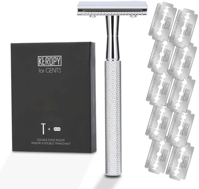 Main image of Hoygi Single Blade Safety Razor With 10 Premium Stainless Steel Blades Double Edge Safety Razors For Men, Smooth Wet Shave Experience, Glossy Silver