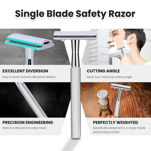 Alt view image 5 of 7 - Hoygi Single Blade Safety Razor With 10 Premium Stainless Steel Blades Double Edge Safety Razors For Men, Smooth Wet Shave Experience, Glossy Silver