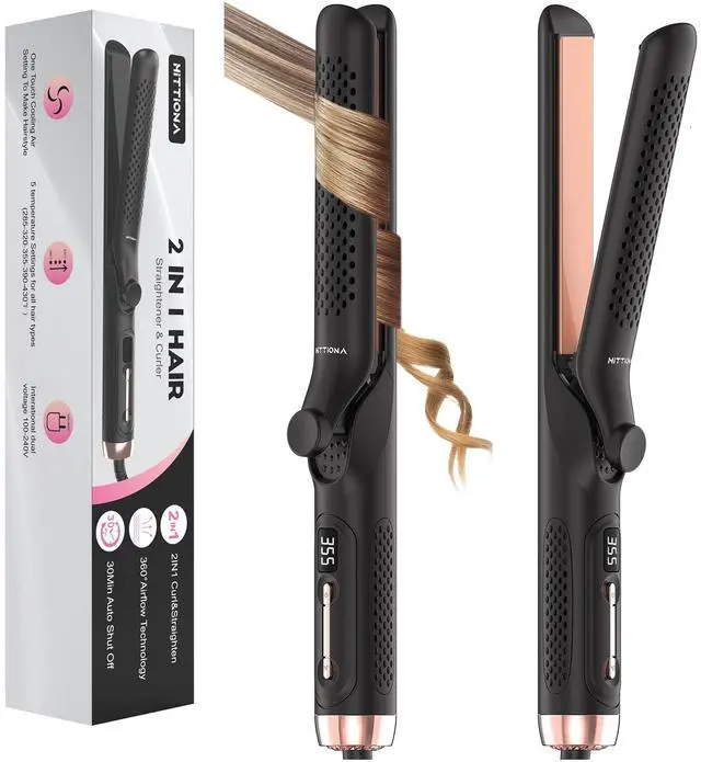 Main image of 360° Airflow Styler Curling Iron - 1.25 Inch Hair Straightener and Curler 2 in 1 with Vented Cool Air to Lock in Style, Extra Long Flat Iron Curling Wand, 5 Temps & Dual Voltage for Travel