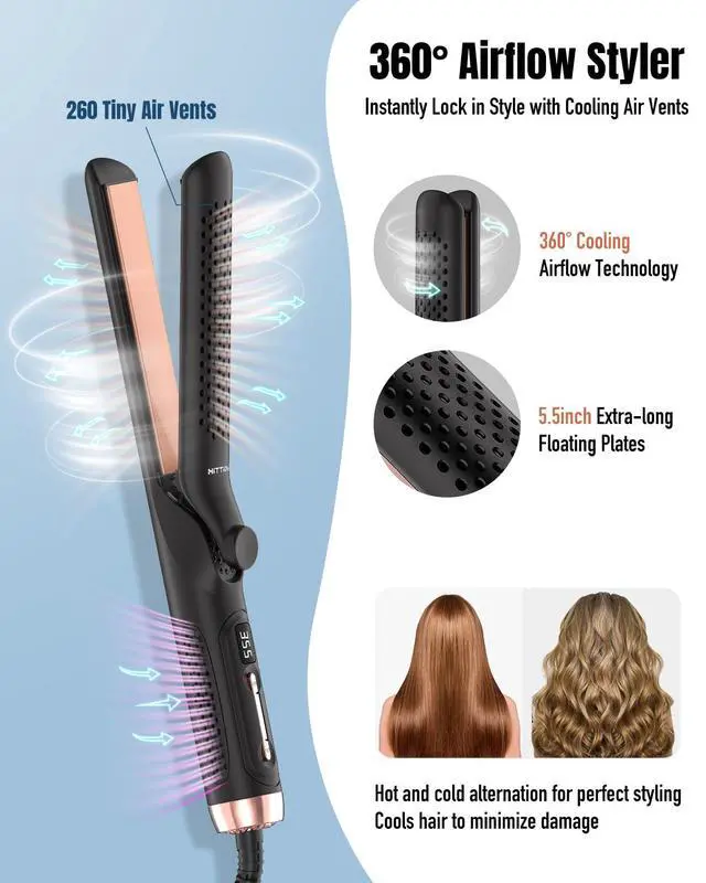 Alt view image 2 of 5 - 360° Airflow Styler Curling Iron - 1.25 Inch Hair Straightener and Curler 2 in 1 with Vented Cool Air to Lock in Style, Extra Long Flat Iron Curling Wand, 5 Temps & Dual Voltage for Travel