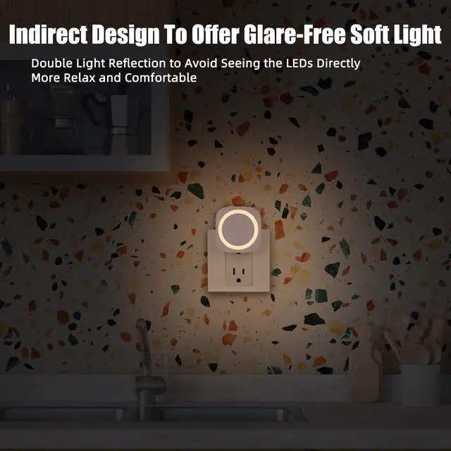 Alt view image 3 of 7 - Warm Night Lights Plug into Wall, 4 Packs Dimmable Night Light with Dust to Dawn Sensor, Automatically Turn on and Off, Gentle Glow Nightlight for Bathroom,Bedroom,Stairs,Kitchen,Hallway,Warm White