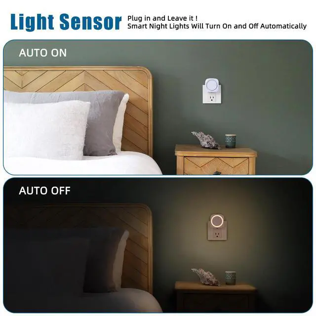 Alt view image 4 of 7 - Warm Night Lights Plug into Wall, 4 Packs Dimmable Night Light with Dust to Dawn Sensor, Automatically Turn on and Off, Gentle Glow Nightlight for Bathroom,Bedroom,Stairs,Kitchen,Hallway,Warm White