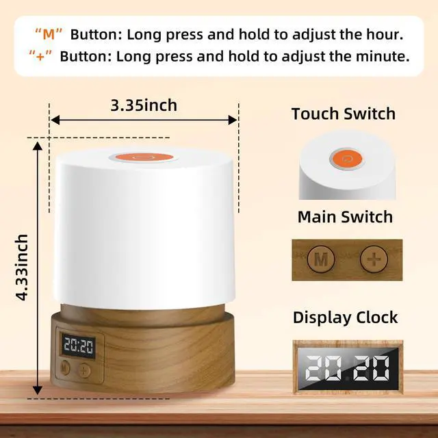 Alt view image 2 of 6 - JAYSUING Nursery Night Light with Clock for Kids, Touch Lamp Bedside Desk Lamp, Portable Breastfeeding Night Lamp for Baby, 3 Color Stepless Dimming Up for Restaurant,Bedroom,Rechargeable (Wood Grain)