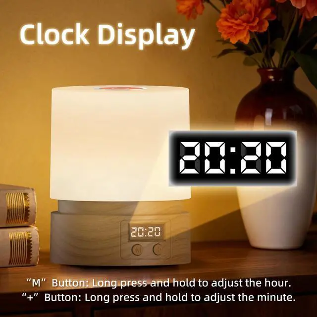 Alt view image 3 of 6 - JAYSUING Nursery Night Light with Clock for Kids, Touch Lamp Bedside Desk Lamp, Portable Breastfeeding Night Lamp for Baby, 3 Color Stepless Dimming Up for Restaurant,Bedroom,Rechargeable (Wood Grain)