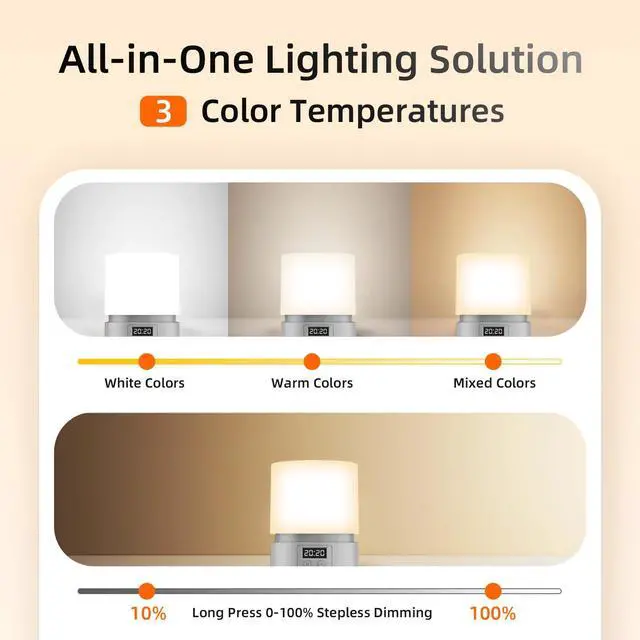 Alt view image 5 of 6 - JAYSUING Nursery Night Light with Clock for Kids, Touch Lamp Bedside Desk Lamp, Portable Breastfeeding Night Lamp for Baby, 3 Color Stepless Dimming Up for Restaurant,Bedroom,Rechargeable (Wood Grain)