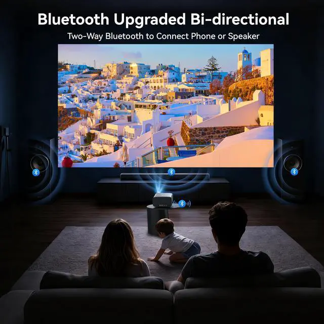 Alt view image 6 of 7 - 1200 ANSI/4K Supported/Netflix LicensedSmart Projector with WiFi and Bluetooth, Movie Home Theater with AI Auto Focs& Keystone, Video Projector with Dolby, 400'' Display for Indoor/Outdoor Proyector