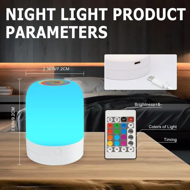 Alt view image 6 of 7 - Small Kids Night Light, 13 Color Dimmable LED Lamp, Portable Stepless Dimming, Color Changing Touch Nursery Lamp, Rechargeable Toddler Night Light