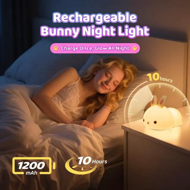 Alt view image 5 of 7 - JAYSUING Night Light for Kids, 16 Colors Bunny Toys Cute Lamp, Soft Silicone Baby Night Light, 1200mAh Portable Dimmable Touch Lamps, Kawaii Room Decor, Easter Bunny Gift for 0-13 Year Old Girl Teens