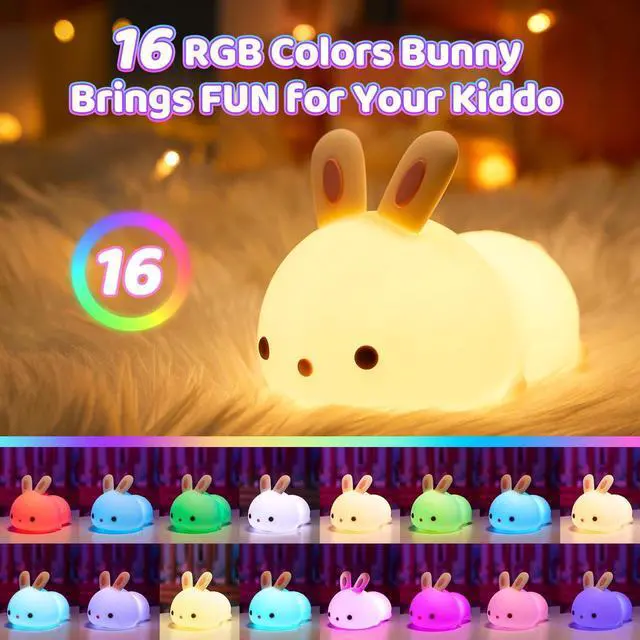 Alt view image 3 of 7 - JAYSUING Night Light for Kids, 16 Colors Bunny Toys Cute Lamp, Soft Silicone Baby Night Light, 1200mAh Portable Dimmable Touch Lamps, Kawaii Room Decor, Easter Bunny Gift for 0-13 Year Old Girl Teens