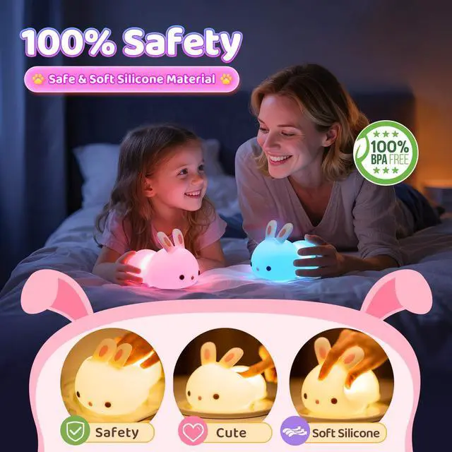 Alt view image 4 of 7 - JAYSUING Night Light for Kids, 16 Colors Bunny Toys Cute Lamp, Soft Silicone Baby Night Light, 1200mAh Portable Dimmable Touch Lamps, Kawaii Room Decor, Easter Bunny Gift for 0-13 Year Old Girl Teens