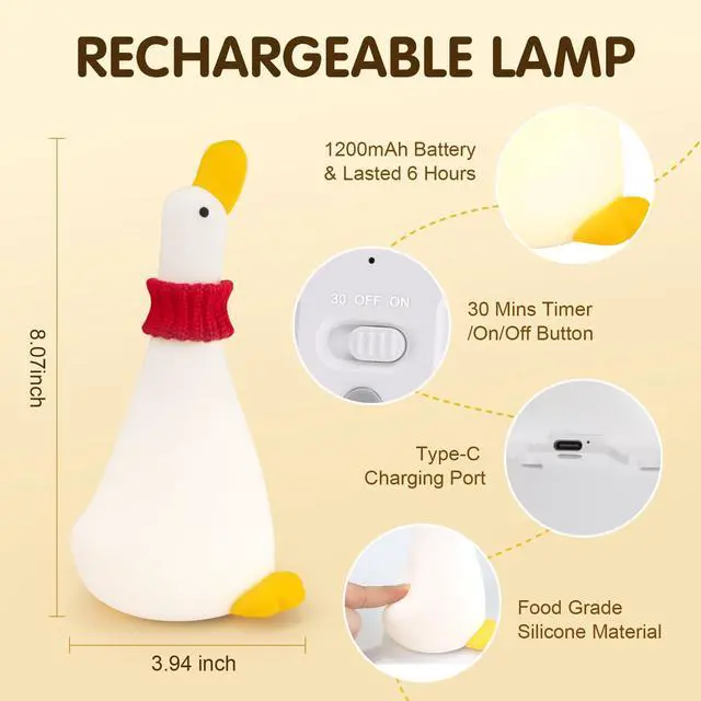 Alt view image 6 of 6 - Duck Night Light Silicone Cute Dorm Bedroom Home Decor Night Light for Breastfeeding Squishy Duck Nightlight Cordless Rechargeable Dimmable Touch Fun Bedside Desk Lamp for Christmas Gifts (Dream Duck)