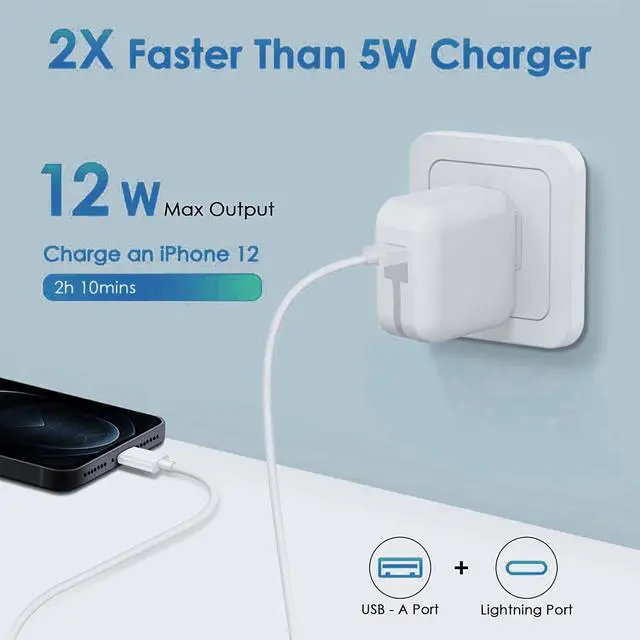 Alt view image 2 of 7 - iPad Charger, iPhone Charger Pad Cord Fast Charging 12W USB Wall Charge Foldable Portable Travel Plug with 6.6FT Lightning iPad Cable Compatible with iPhone, iPad, iPad Mini 1/2/3/4/5,iPad Air 1/2/3
