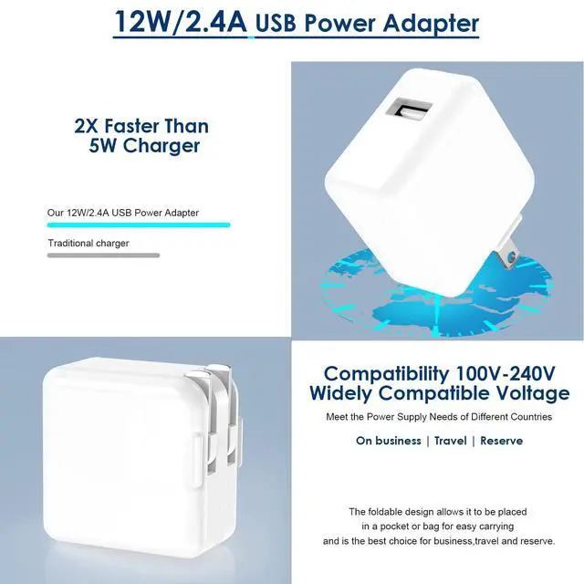Alt view image 4 of 7 - iPad Charger, iPhone Charger Pad Cord Fast Charging 12W USB Wall Charge Foldable Portable Travel Plug with 6.6FT Lightning iPad Cable Compatible with iPhone, iPad, iPad Mini 1/2/3/4/5,iPad Air 1/2/3