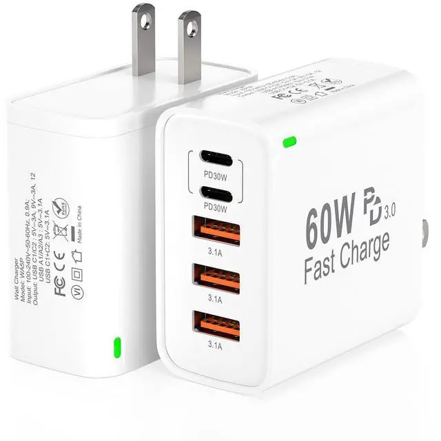 Main image of 2Pack USB C Fast Charger Block, Total 60W 5-Port USB C Wall Charger 30W Type C Charging Block, 2USB C+3USB A PD 3.0 Multiport Charging Cube for iPhone 17 16 15 14 Pro Max, G-alaxy S26 S25 Ultra, i Pad