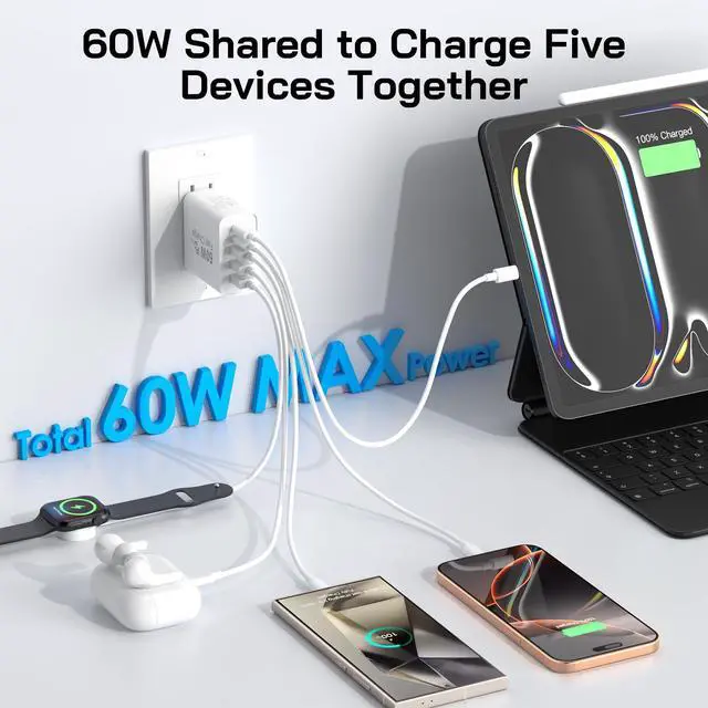 Alt view image 4 of 7 - 2Pack USB C Fast Charger Block, Total 60W 5-Port USB C Wall Charger 30W Type C Charging Block, 2USB C+3USB A PD 3.0 Multiport Charging Cube for iPhone 17 16 15 14 Pro Max, G-alaxy S26 S25 Ultra, i Pad