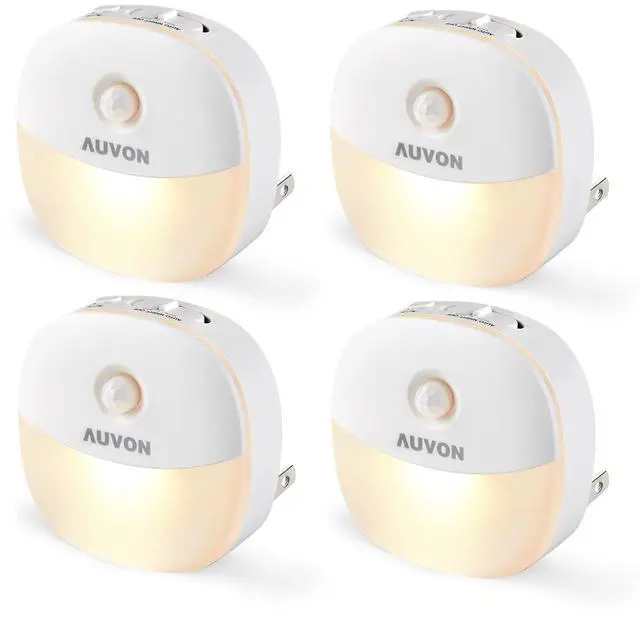 Main image of JAYSUING Plug in Night Light with Motion Sensor and Dusk to Dawn Sensor, Mini Warm White LED Nightlight with 1-50 lm Adjustable Brightness for Bathroom, Hallway, Stairs, Bedroom, Kitchen, 4 Packs