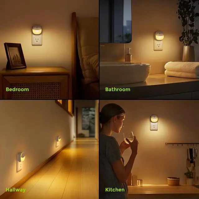 Alt view image 6 of 7 - JAYSUING Plug in Night Light with Motion Sensor and Dusk to Dawn Sensor, Mini Warm White LED Nightlight with 1-50 lm Adjustable Brightness for Bathroom, Hallway, Stairs, Bedroom, Kitchen, 4 Packs