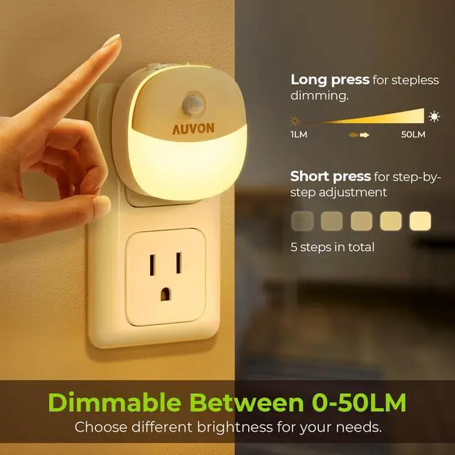 Alt view image 4 of 7 - JAYSUING Plug in Night Light with Motion Sensor and Dusk to Dawn Sensor, Mini Warm White LED Nightlight with 1-50 lm Adjustable Brightness for Bathroom, Hallway, Stairs, Bedroom, Kitchen, 4 Packs