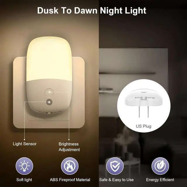 Alt view image 4 of 7 - JAYSUING Dimmable Night Light Plug in with On/Off Switch, Auto Dusk to Dawn Sensor LED Nightlights, Adjustable Brightness (Warm White) for Bathroom, Hallway, Kids Room, Stairs (1 Pack)
