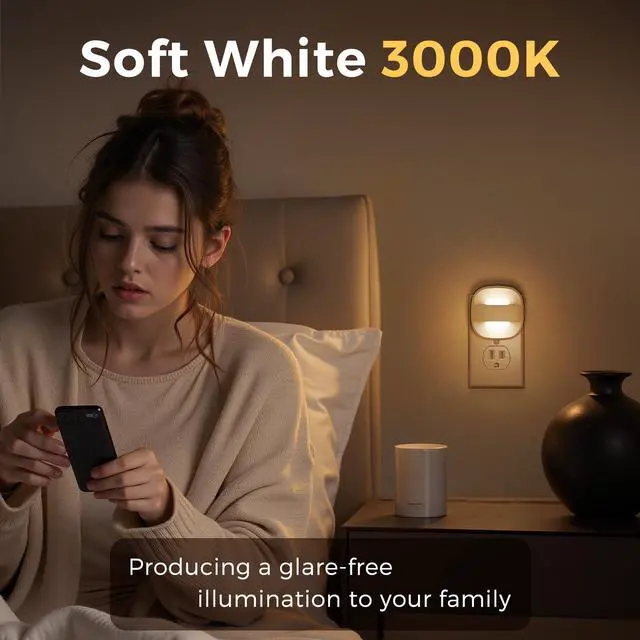 Alt view image 5 of 7 - JAYSUING Night Lights Plug into Wall, Foldable Night Light with Dusk to Dawn Sensor, 2 Brightness Level, Ideal Nightlight for Bathroom, Hallway, Kitchen, 3000K Soft White, 4 Pack