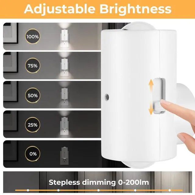 Alt view image 3 of 7 - 4 Pack Small LED Night Light, Dimmable Plug-in with Dusk to Dawn Auto On/Off, 5000K Daylight Adjustable Brightness (0-200 LM), 180° Rotating Head for Kitchen, Bathroom, Hallway