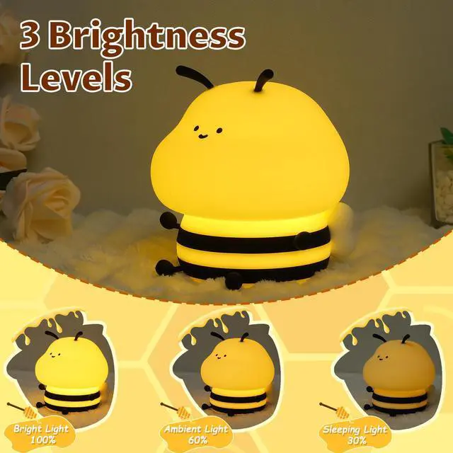 Alt view image 2 of 7 - JAYSUING Cute Bee Night Light for Kids, Nursery Night Lamp Kawaii Animal Bedside Nightlight with 7 Colors 3 Levels Dimmable Tap Control Rechargeable Nightlights