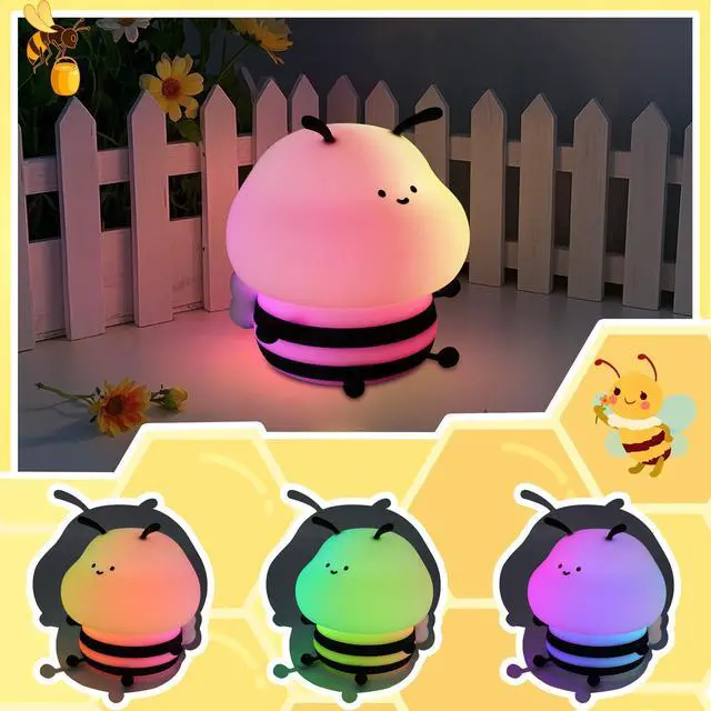 Alt view image 3 of 7 - JAYSUING Cute Bee Night Light for Kids, Nursery Night Lamp Kawaii Animal Bedside Nightlight with 7 Colors 3 Levels Dimmable Tap Control Rechargeable Nightlights