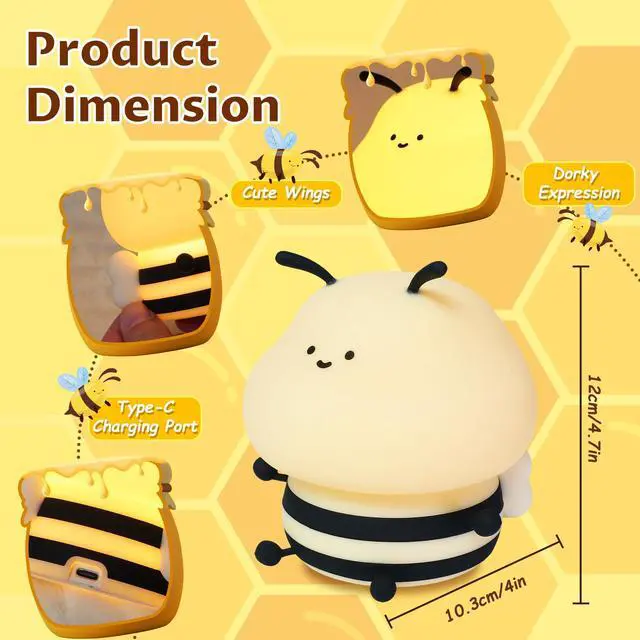 Alt view image 4 of 7 - JAYSUING Cute Bee Night Light for Kids, Nursery Night Lamp Kawaii Animal Bedside Nightlight with 7 Colors 3 Levels Dimmable Tap Control Rechargeable Nightlights