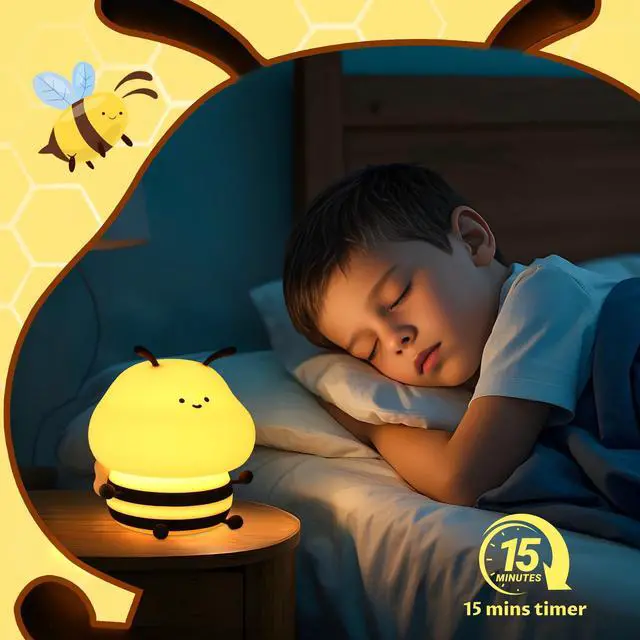 Alt view image 6 of 7 - JAYSUING Cute Bee Night Light for Kids, Nursery Night Lamp Kawaii Animal Bedside Nightlight with 7 Colors 3 Levels Dimmable Tap Control Rechargeable Nightlights