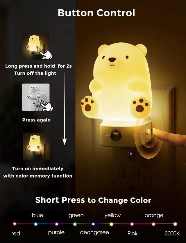 Alt view image 4 of 7 - JAYSUING Night Light for Kids, 3D Cute Bear Night Light Plug in, Dusk to Dawn Nursery Night Lights, RGB+Soft White 3000K, 3 Lighting Modes, Christmas Birthday Gifts, Room Decor, Children