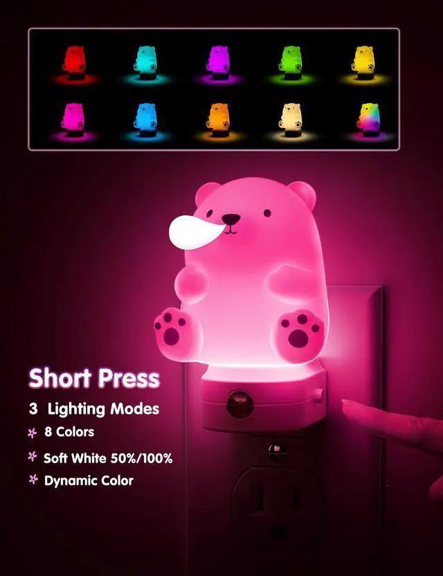 Alt view image 3 of 7 - JAYSUING Night Light for Kids, 3D Cute Bear Night Light Plug in, Dusk to Dawn Nursery Night Lights, RGB+Soft White 3000K, 3 Lighting Modes, Christmas Birthday Gifts, Room Decor, Children
