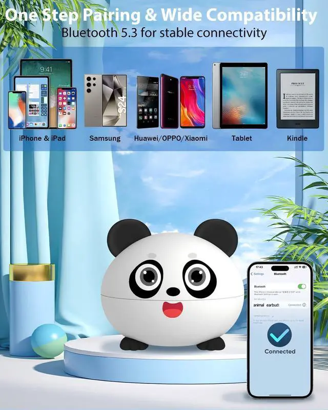 Alt view image 4 of 7 - JAYSUING Wireless Earbuds for Kids, Built with Mic, 85dB Safe Volume, Light Weight, Bluetooth 5.3, IPX6 Waterproof, Passive Noise Cancelling, Girls Boys Teen Earbuds for School Travel, Panda