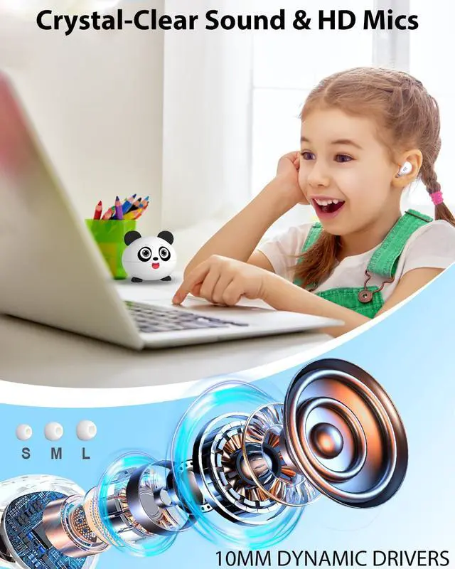 Alt view image 5 of 7 - JAYSUING Wireless Earbuds for Kids, Built with Mic, 85dB Safe Volume, Light Weight, Bluetooth 5.3, IPX6 Waterproof, Passive Noise Cancelling, Girls Boys Teen Earbuds for School Travel, Panda