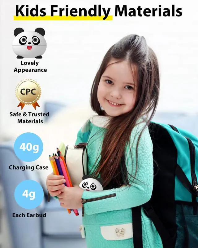 Alt view image 6 of 7 - JAYSUING Wireless Earbuds for Kids, Built with Mic, 85dB Safe Volume, Light Weight, Bluetooth 5.3, IPX6 Waterproof, Passive Noise Cancelling, Girls Boys Teen Earbuds for School Travel, Panda