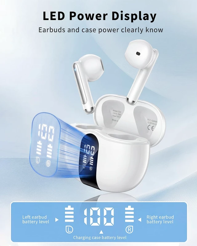 Alt view image 2 of 7 - Wireless Earbuds, 2026 Bluetooth 5.4 Headphones Bass Stereo Ear Buds with Noise Cancelling Mic, LED Display in Ear Earphones 50H Playtime Ear Buds, IP7 Waterproof for Laptop Pad Phones White