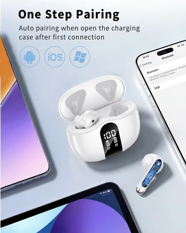 Alt view image 5 of 7 - Wireless Earbuds, 2026 Bluetooth 5.4 Headphones Bass Stereo Ear Buds with Noise Cancelling Mic, LED Display in Ear Earphones 50H Playtime Ear Buds, IP7 Waterproof for Laptop Pad Phones White