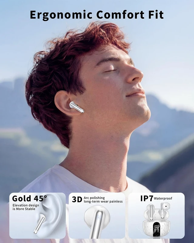 Alt view image 7 of 7 - Wireless Earbuds, 2026 Bluetooth 5.4 Headphones Bass Stereo Ear Buds with Noise Cancelling Mic, LED Display in Ear Earphones 50H Playtime Ear Buds, IP7 Waterproof for Laptop Pad Phones White