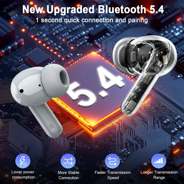 Alt view image 2 of 7 - 2026 Bluetooth 5.4 Earbuds Wireless Headphones, 48Hrs Stereo Bass Ear Buds ENC Noise Cancelling, 4 Clear Call Mic, IP-X7 Waterproof USB-C in-Ear Earphones for Sport Gym Phone Laptop Pad Android iOS