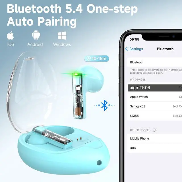 Alt view image 2 of 7 - JAYSUING True Wireless Earbuds with Transparent Case and Neck Lanyard, Bluetooth 5.4 Headphones with Touch Control, Water Resistant, 2 Mics for Clear Calls and Super Shine Blue
