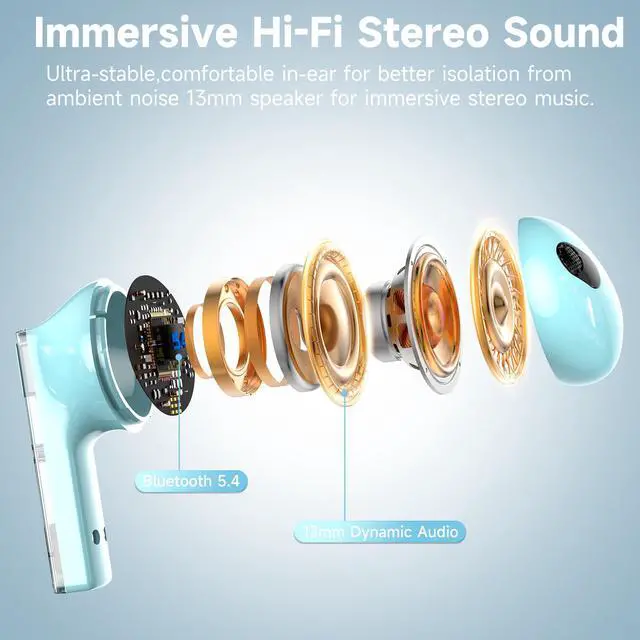 Alt view image 3 of 7 - JAYSUING True Wireless Earbuds with Transparent Case and Neck Lanyard, Bluetooth 5.4 Headphones with Touch Control, Water Resistant, 2 Mics for Clear Calls and Super Shine Blue