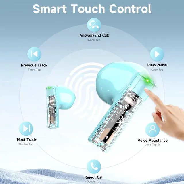 Alt view image 5 of 7 - JAYSUING True Wireless Earbuds with Transparent Case and Neck Lanyard, Bluetooth 5.4 Headphones with Touch Control, Water Resistant, 2 Mics for Clear Calls and Super Shine Blue