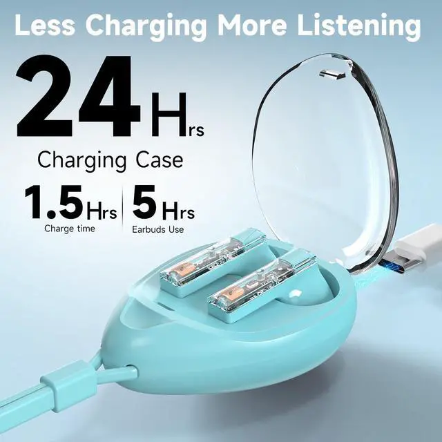 Alt view image 6 of 7 - JAYSUING True Wireless Earbuds with Transparent Case and Neck Lanyard, Bluetooth 5.4 Headphones with Touch Control, Water Resistant, 2 Mics for Clear Calls and Super Shine Blue