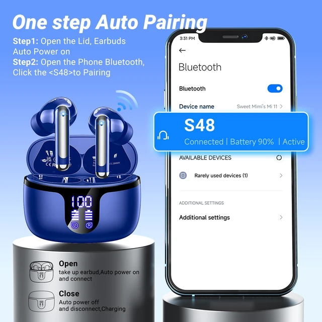 Alt view image 4 of 7 - Wireless Earbuds, Bluetooth 5.4 ear buds with 4 ENC Noise Cancelling Mics, Bluetooth Earbuds with 48H Playtime, IPX7 Waterproof Workout earbuds, Blue headphones HiFi Sound LED Display for iOS Android