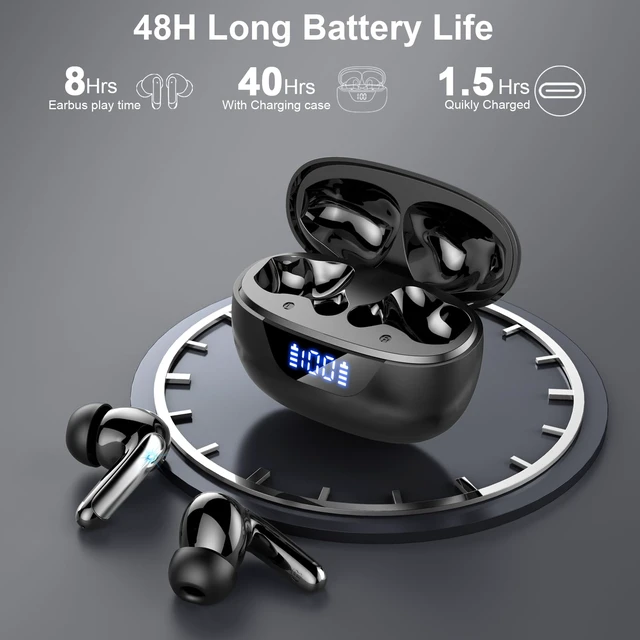 Alt view image 5 of 7 - Wireless Earbuds, ENC Noise Cancelling Mic Ear buds with Stereo Bass, Black Bluetooth 5.4 Headphones,48H Playtime Earphones, LED Display, IP7 Waterproof in Ear EarBuds for Phone Android iOS Sports