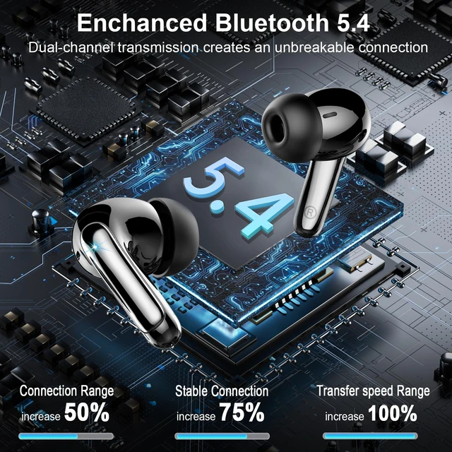 Alt view image 3 of 7 - Wireless Earbuds, ENC Noise Cancelling Mic Ear buds with Stereo Bass, Black Bluetooth 5.4 Headphones,48H Playtime Earphones, LED Display, IP7 Waterproof in Ear EarBuds for Phone Android iOS Sports