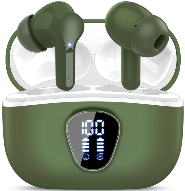 Main image of Wireless Earbuds, Bluetooth 5.4 Headphones HiFi Stereo, Bluetooth Earbuds With ENC Noise Cancelling Mic, IP7 Waterproof in Ear Earphones, 48H, LED Display Ear buds for Pad Workout Sports, Retro Green
