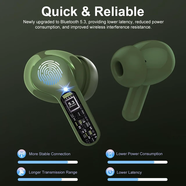Alt view image 2 of 7 - Wireless Earbuds, Bluetooth 5.4 Headphones HiFi Stereo, Bluetooth Earbuds With ENC Noise Cancelling Mic, IP7 Waterproof in Ear Earphones, 48H, LED Display Ear buds for Pad Workout Sports, Retro Green